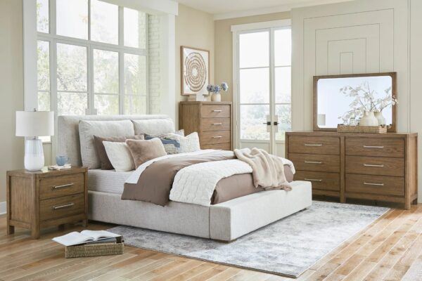 Modern 5-Piece Upholstered Queen Bedroom Furniture Set with Dresser, Mirror, Chest & Nightstand